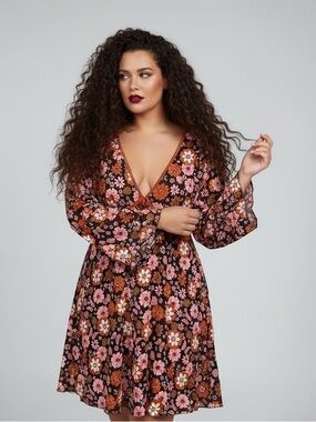 SHEIN Retro Floral Deep V-Neck Mini  Brown Pink Boho 70s Style Dress Size 3XL